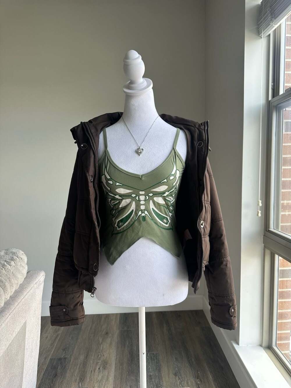 SHEIN Green Butterfly Print Crop Cami Top Size S